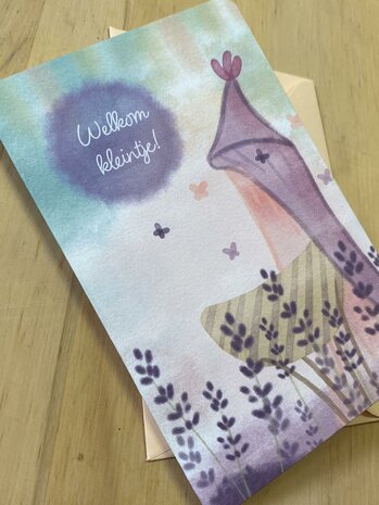 Wenskaart Baby Wieg Paars